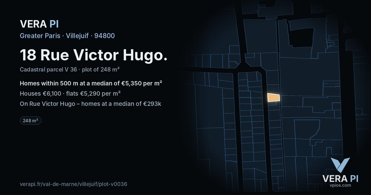 18 Rue Victor Hugo, Villejuif at night – the plot lit, the parcels around coloured by the prices near them