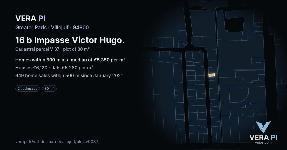 16 b Impasse Victor Hugo, Villejuif at night – the plot lit, the parcels around coloured by the prices near them
