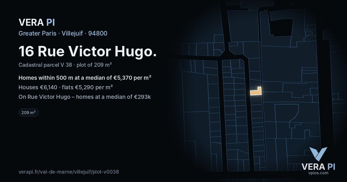 16 Rue Victor Hugo, Villejuif at night – the plot lit, the parcels around coloured by the prices near them