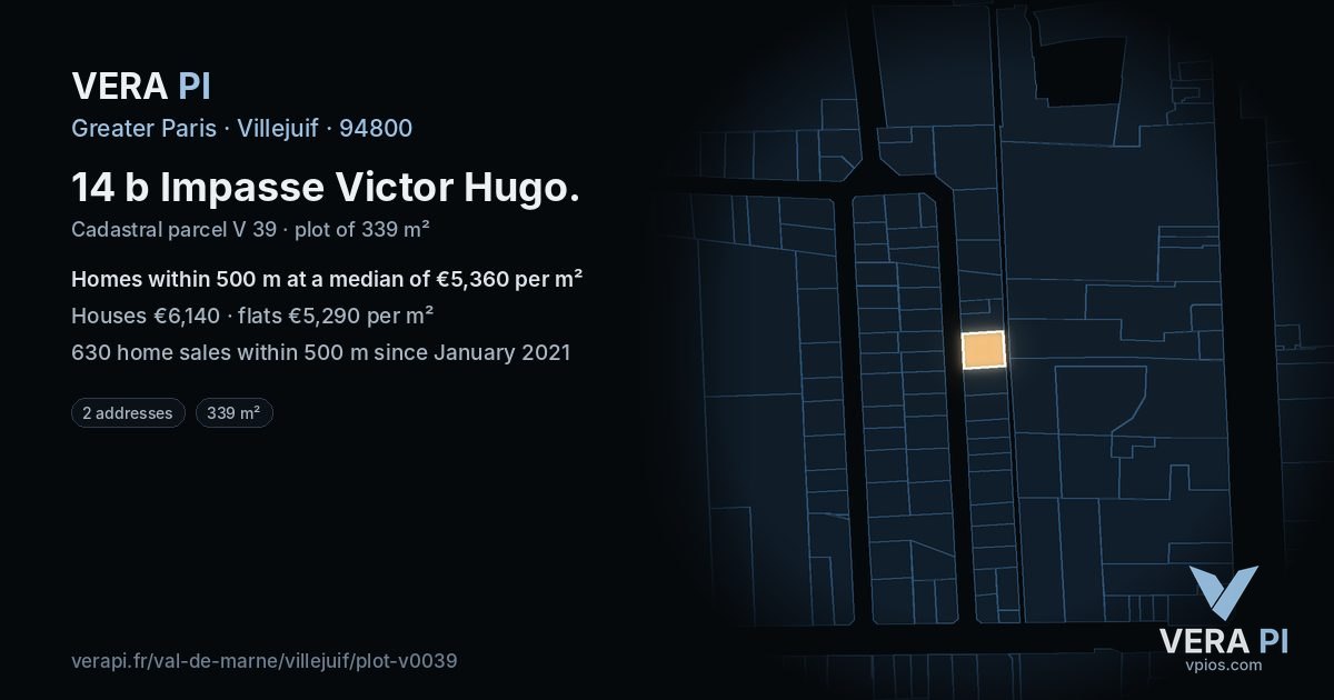 14 b Impasse Victor Hugo, Villejuif at night – the plot lit, the parcels around coloured by the prices near them