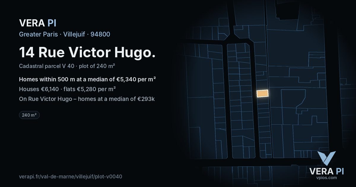14 Rue Victor Hugo, Villejuif at night – the plot lit, the parcels around coloured by the prices near them