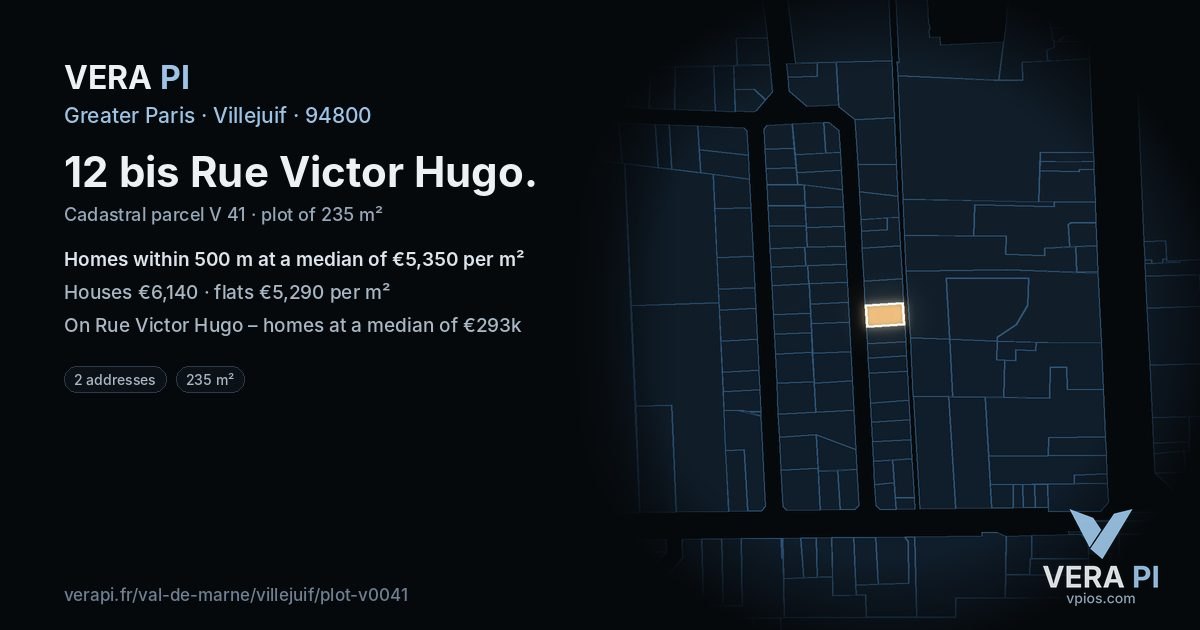 12 bis Rue Victor Hugo, Villejuif at night – the plot lit, the parcels around coloured by the prices near them