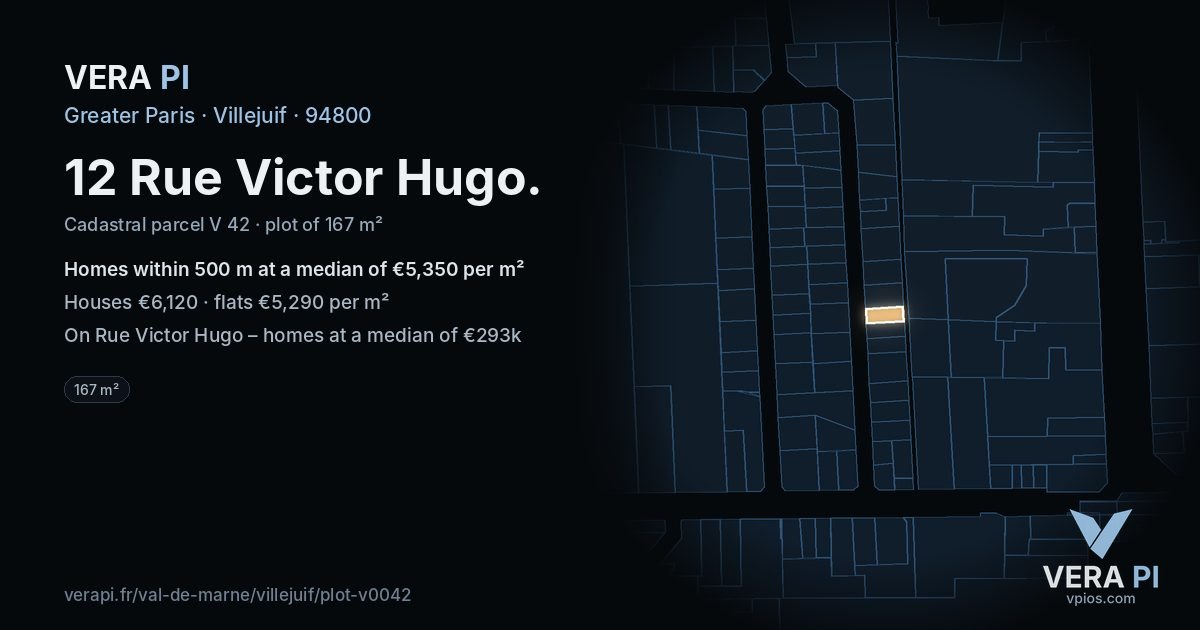 12 Rue Victor Hugo, Villejuif at night – the plot lit, the parcels around coloured by the prices near them