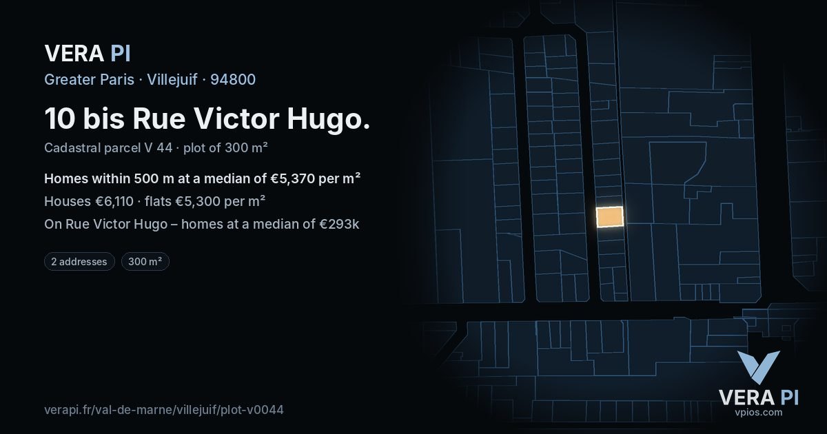 10 bis Rue Victor Hugo, Villejuif at night – the plot lit, the parcels around coloured by the prices near them