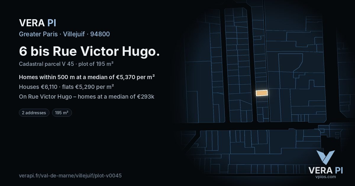 6 bis Rue Victor Hugo, Villejuif at night – the plot lit, the parcels around coloured by the prices near them