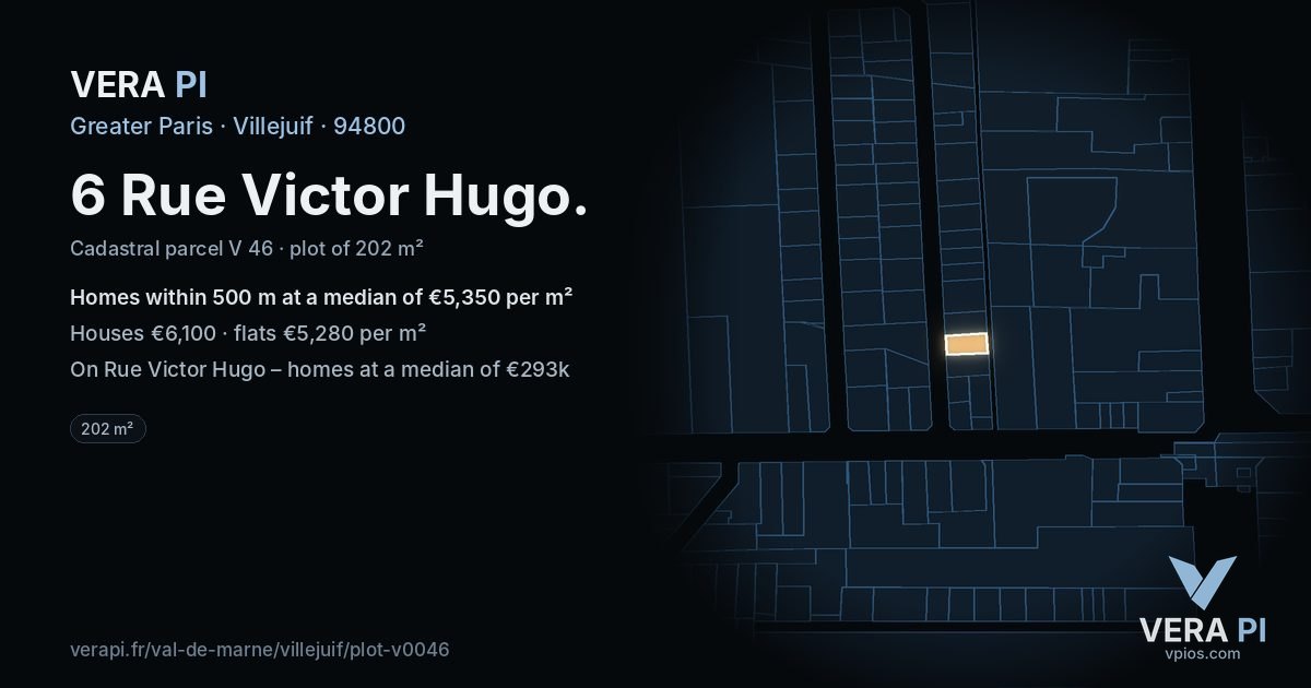 6 Rue Victor Hugo, Villejuif at night – the plot lit, the parcels around coloured by the prices near them
