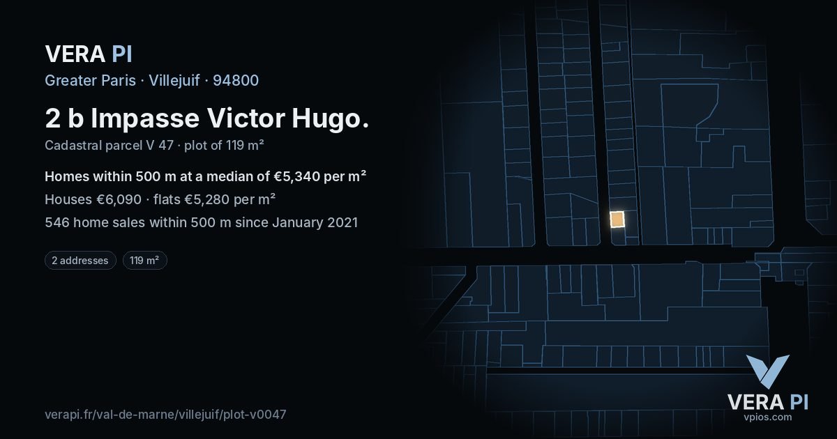 2 b Impasse Victor Hugo, Villejuif at night – the plot lit, the parcels around coloured by the prices near them