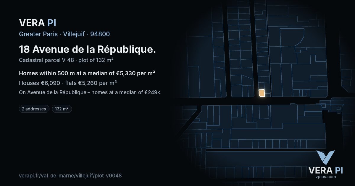 18 Avenue de la République, Villejuif at night – the plot lit, the parcels around coloured by the prices near them
