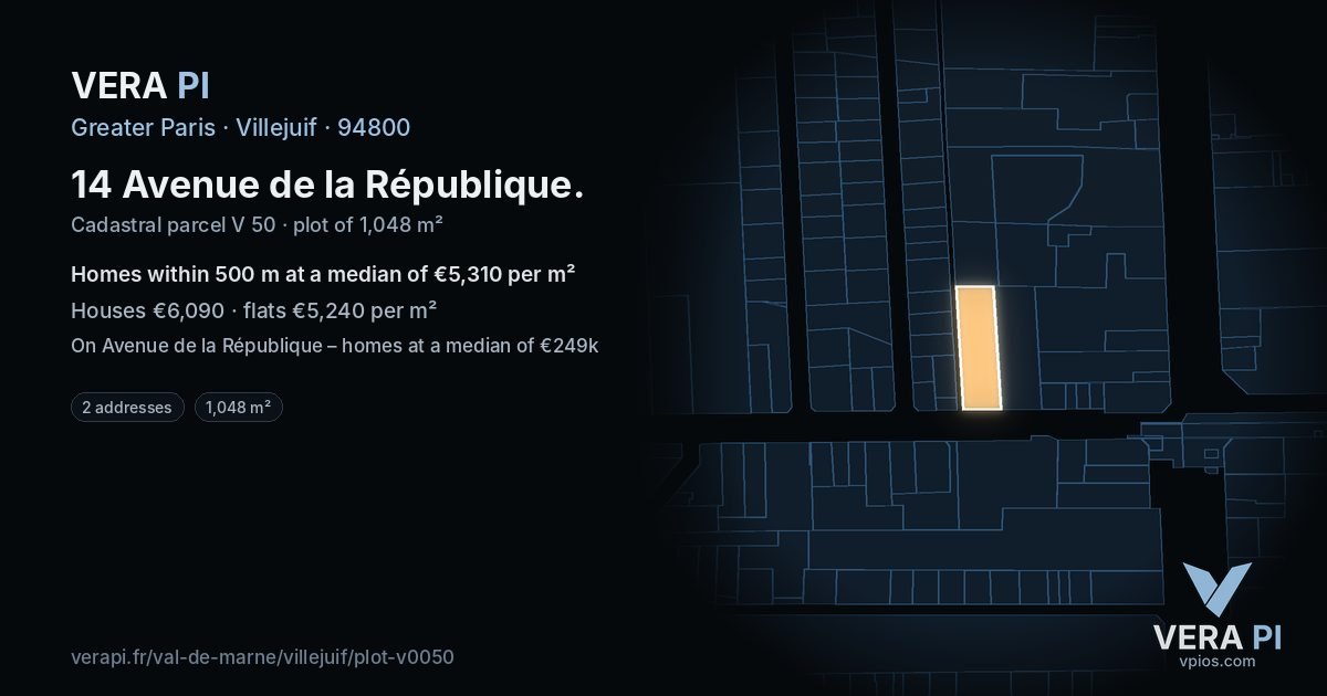 14 Avenue de la République, Villejuif at night – the plot lit, the parcels around coloured by the prices near them