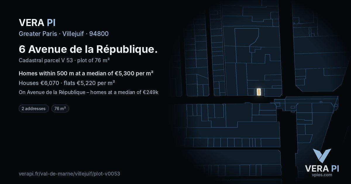 6 Avenue de la République, Villejuif at night – the plot lit, the parcels around coloured by the prices near them