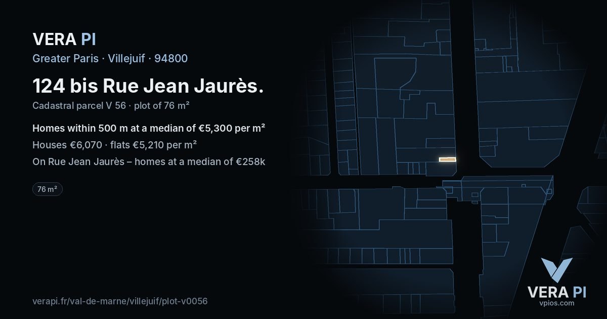 124 bis Rue Jean Jaurès, Villejuif at night – the plot lit, the parcels around coloured by the prices near them