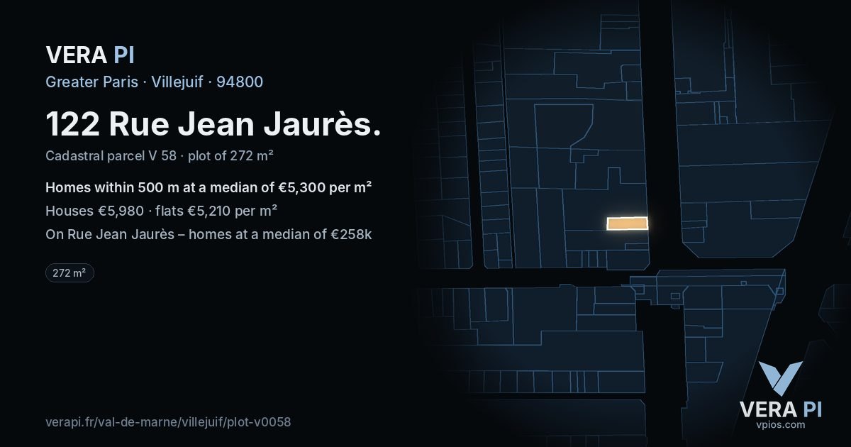 122 Rue Jean Jaurès, Villejuif at night – the plot lit, the parcels around coloured by the prices near them