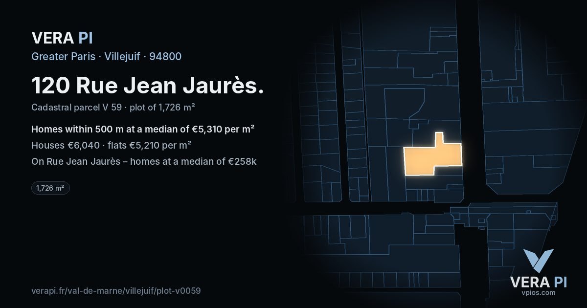 120 Rue Jean Jaurès, Villejuif at night – the plot lit, the parcels around coloured by the prices near them
