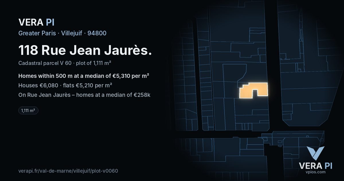 118 Rue Jean Jaurès, Villejuif at night – the plot lit, the parcels around coloured by the prices near them