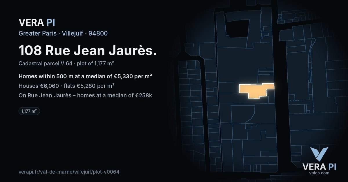 108 Rue Jean Jaurès, Villejuif at night – the plot lit, the parcels around coloured by the prices near them