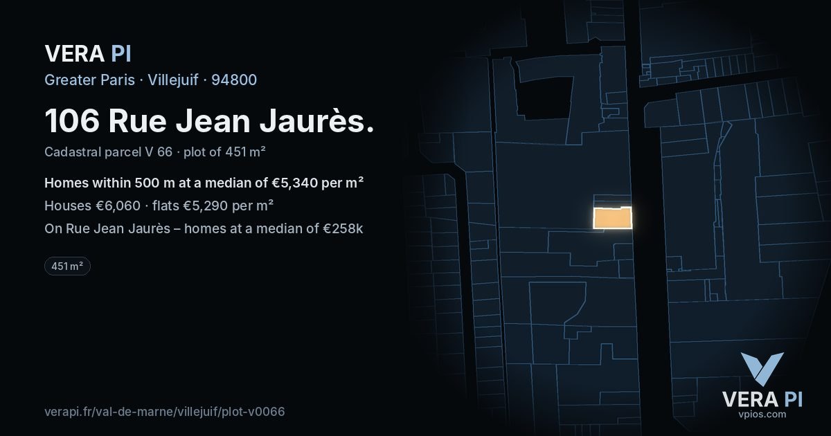 106 Rue Jean Jaurès, Villejuif at night – the plot lit, the parcels around coloured by the prices near them