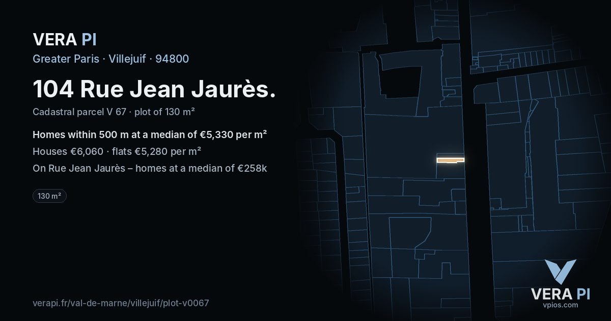 104 Rue Jean Jaurès, Villejuif at night – the plot lit, the parcels around coloured by the prices near them