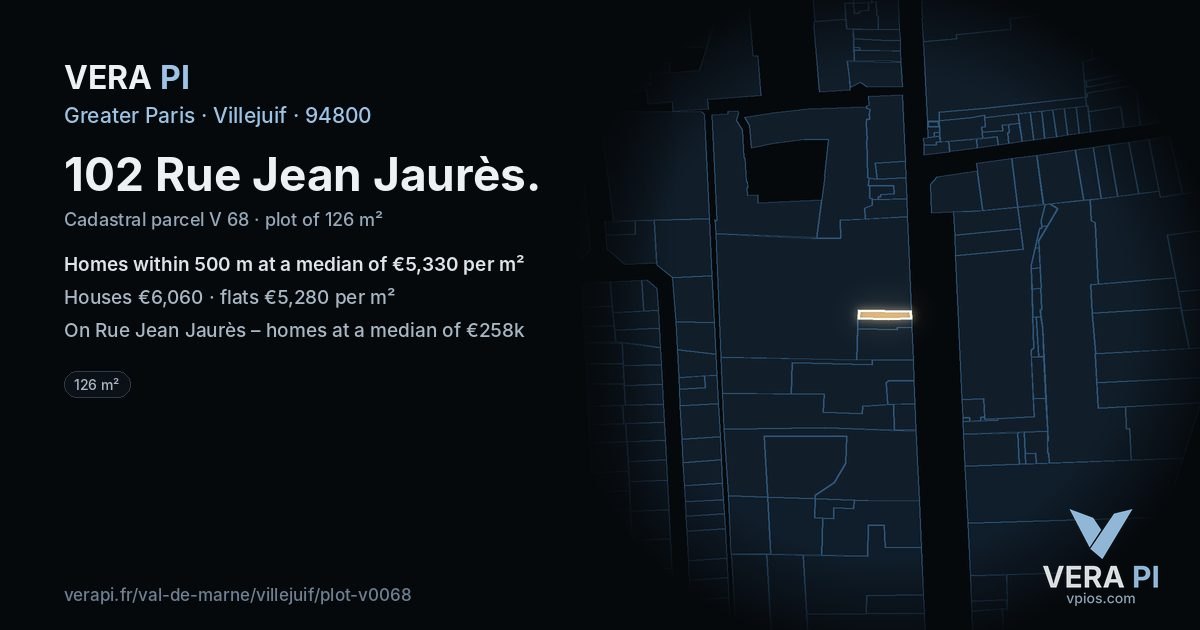 102 Rue Jean Jaurès, Villejuif at night – the plot lit, the parcels around coloured by the prices near them