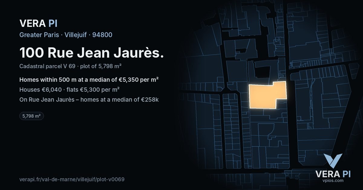100 Rue Jean Jaurès, Villejuif at night – the plot lit, the parcels around coloured by the prices near them