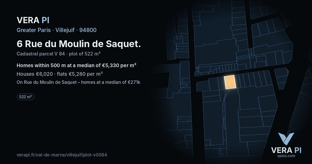 6 Rue du Moulin de Saquet, Villejuif at night – the plot lit, the parcels around coloured by the prices near them