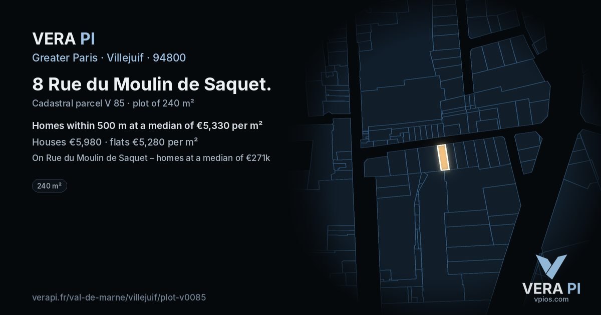 8 Rue du Moulin de Saquet, Villejuif at night – the plot lit, the parcels around coloured by the prices near them