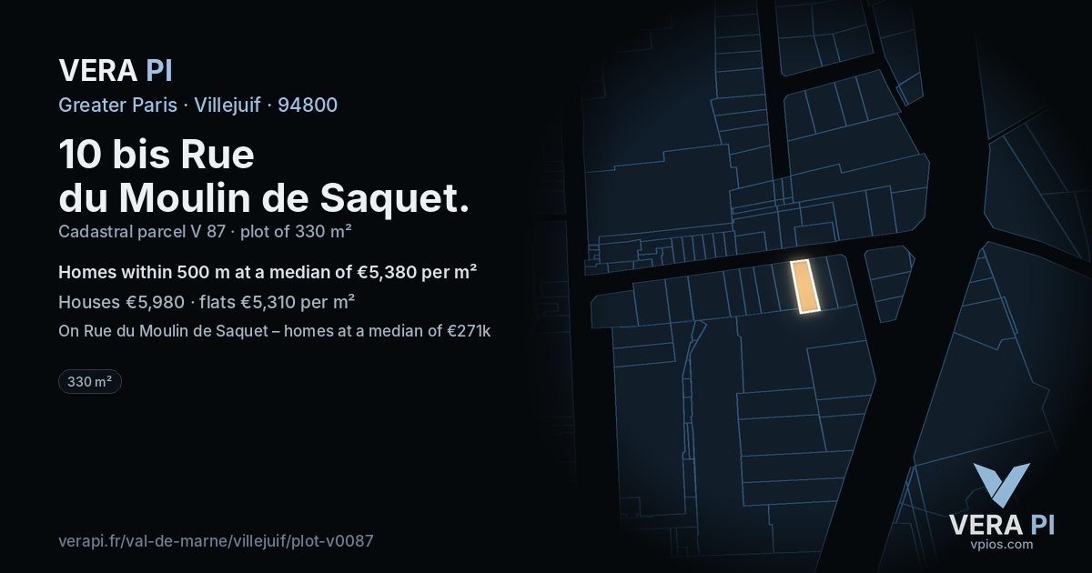 10 bis Rue du Moulin de Saquet, Villejuif at night – the plot lit, the parcels around coloured by the prices near them