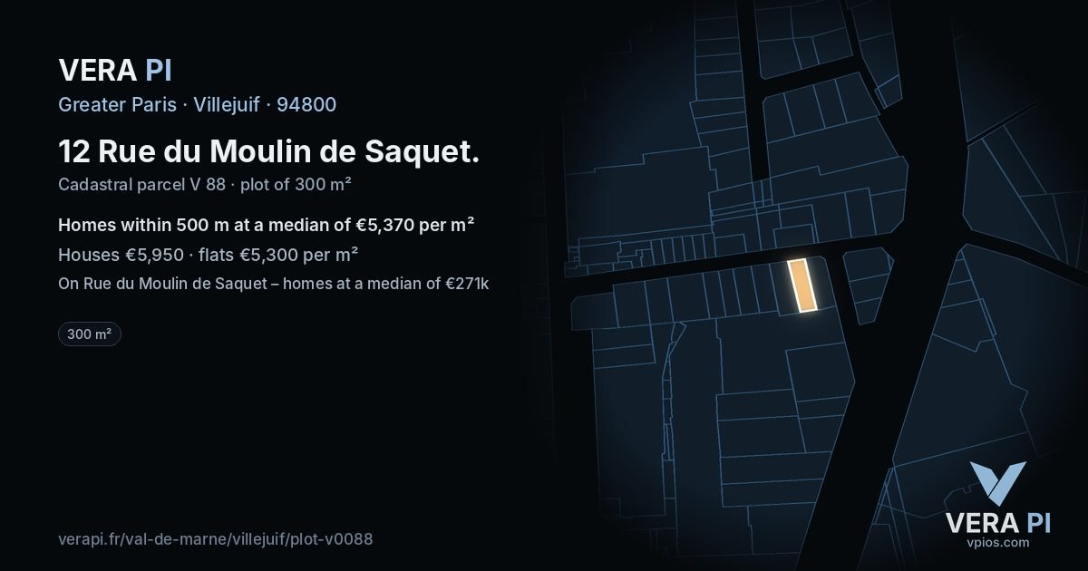 12 Rue du Moulin de Saquet, Villejuif at night – the plot lit, the parcels around coloured by the prices near them