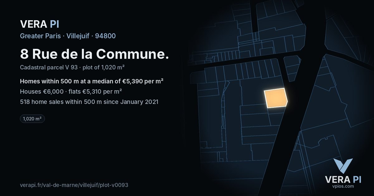 8 Rue de la Commune, Villejuif at night – the plot lit, the parcels around coloured by the prices near them