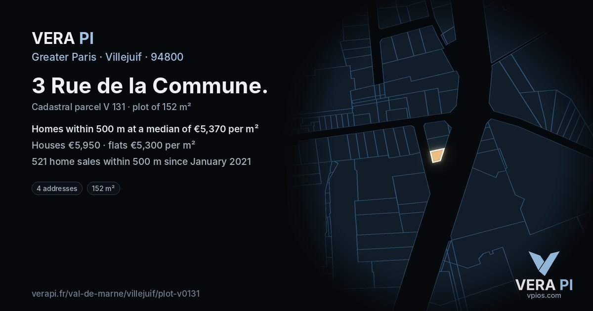 3 Rue de la Commune, Villejuif at night – the plot lit, the parcels around coloured by the prices near them