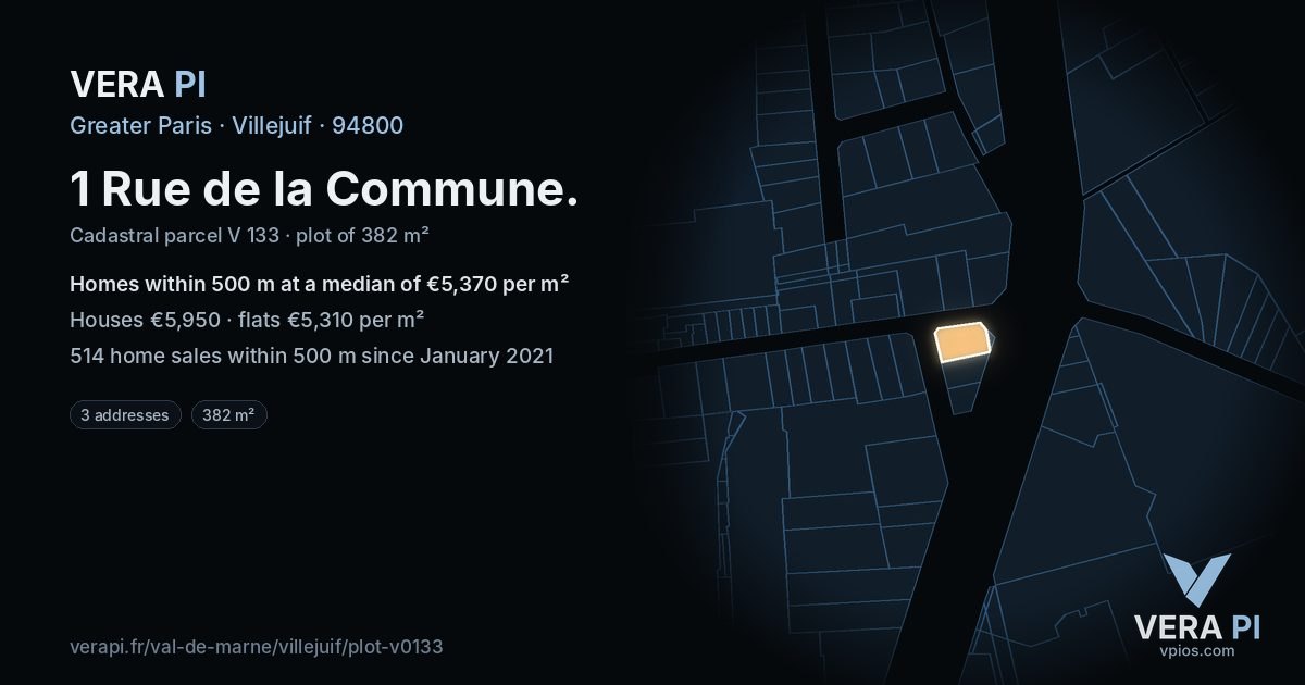 1 Rue de la Commune, Villejuif at night – the plot lit, the parcels around coloured by the prices near them