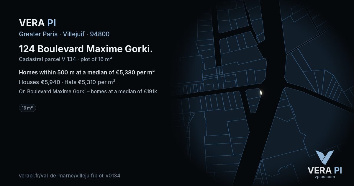 124 Boulevard Maxime Gorki, Villejuif at night – the plot lit, the parcels around coloured by the prices near them