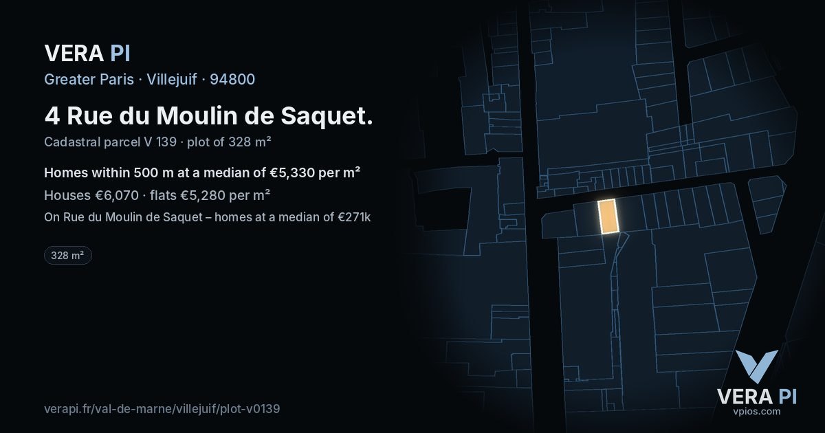 4 Rue du Moulin de Saquet, Villejuif at night – the plot lit, the parcels around coloured by the prices near them