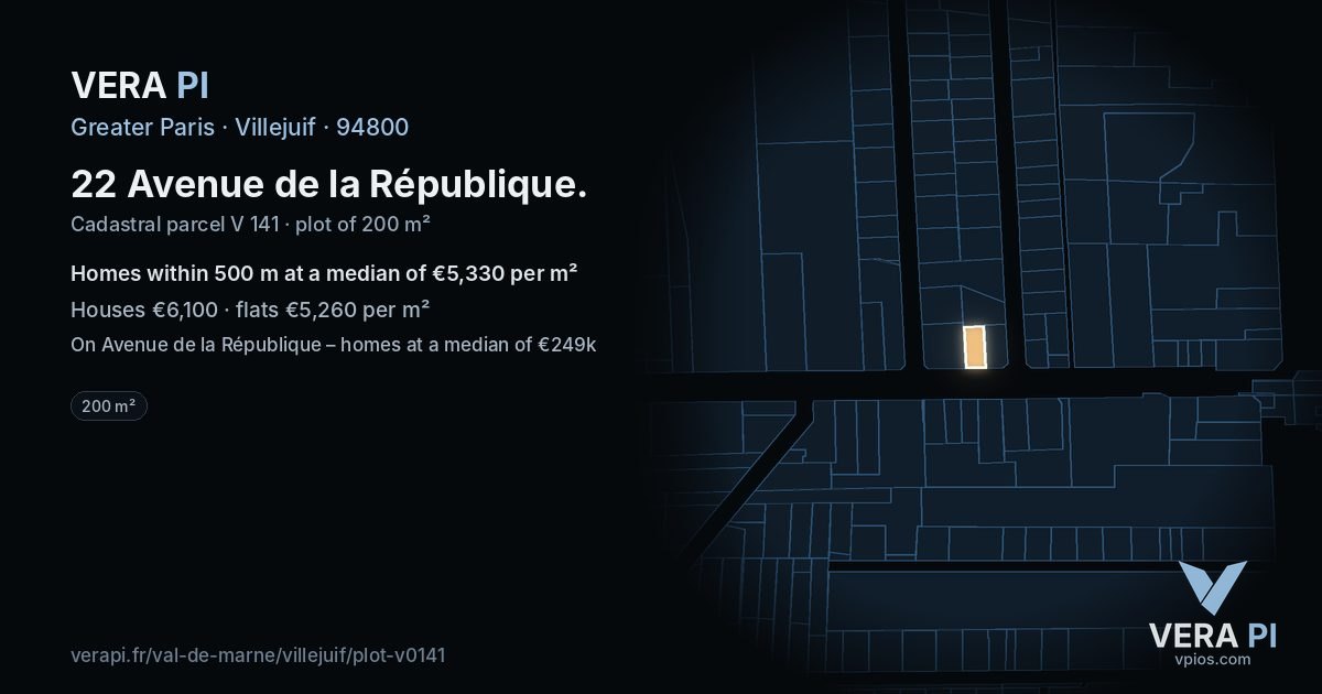 22 Avenue de la République, Villejuif at night – the plot lit, the parcels around coloured by the prices near them