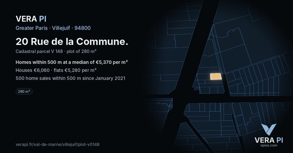 20 Rue de la Commune, Villejuif at night – the plot lit, the parcels around coloured by the prices near them