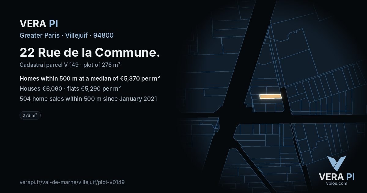 22 Rue de la Commune, Villejuif at night – the plot lit, the parcels around coloured by the prices near them