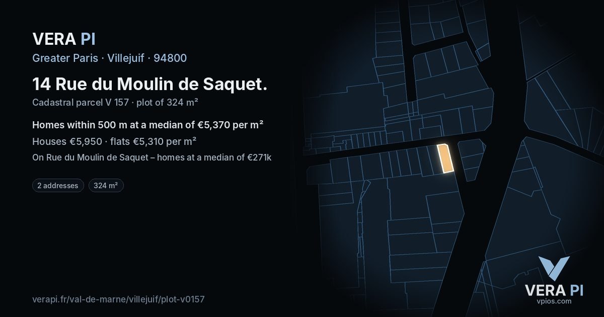 14 Rue du Moulin de Saquet, Villejuif at night – the plot lit, the parcels around coloured by the prices near them