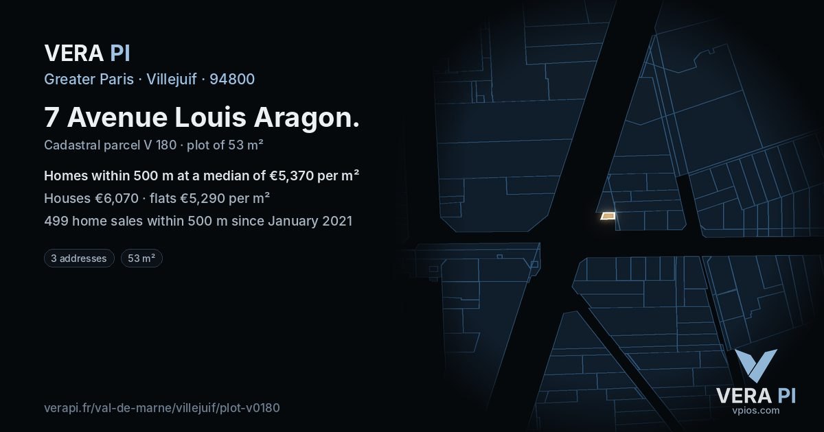 7 Avenue Louis Aragon, Villejuif at night – the plot lit, the parcels around coloured by the prices near them
