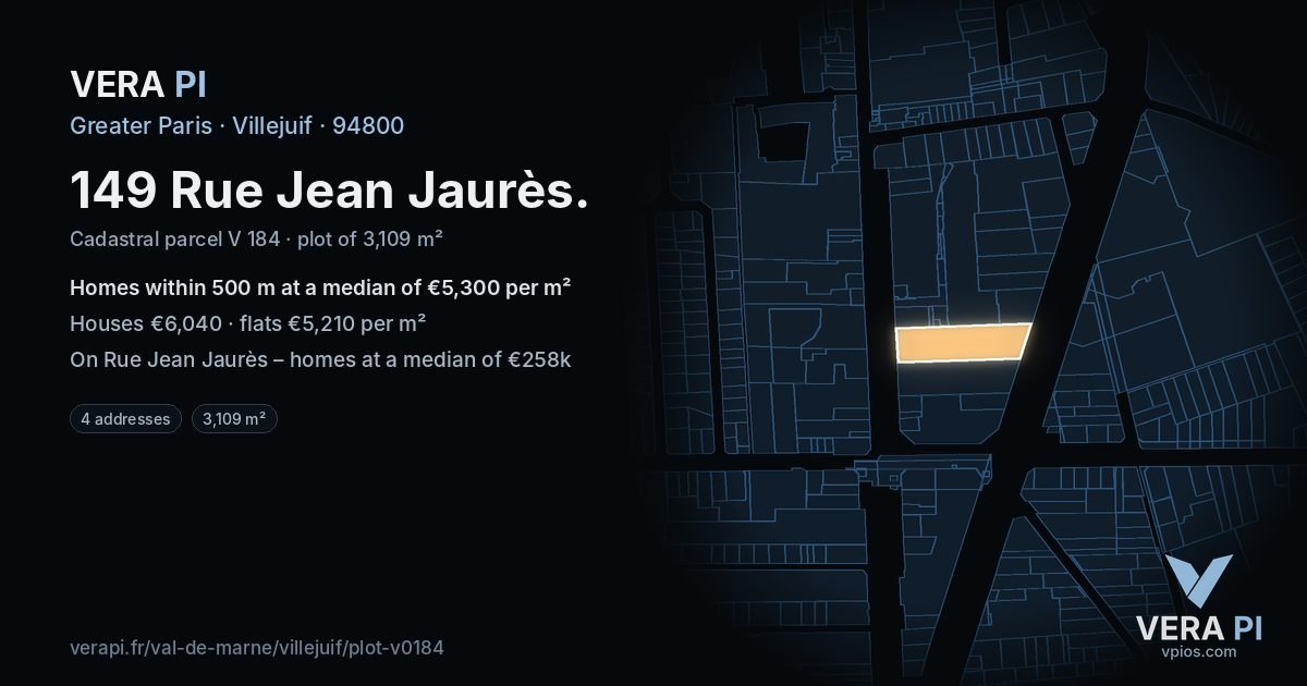 149 Rue Jean Jaurès, Villejuif at night – the plot lit, the parcels around coloured by the prices near them