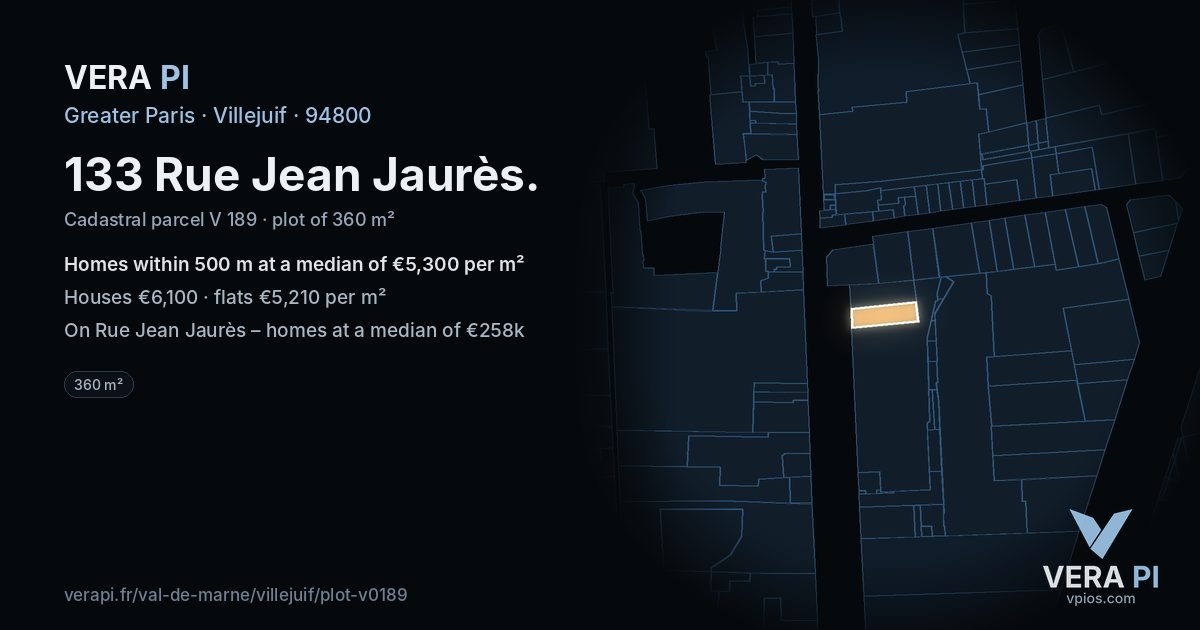 133 Rue Jean Jaurès, Villejuif at night – the plot lit, the parcels around coloured by the prices near them