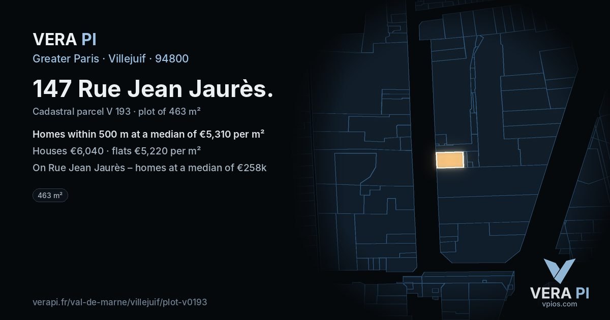 147 Rue Jean Jaurès, Villejuif at night – the plot lit, the parcels around coloured by the prices near them