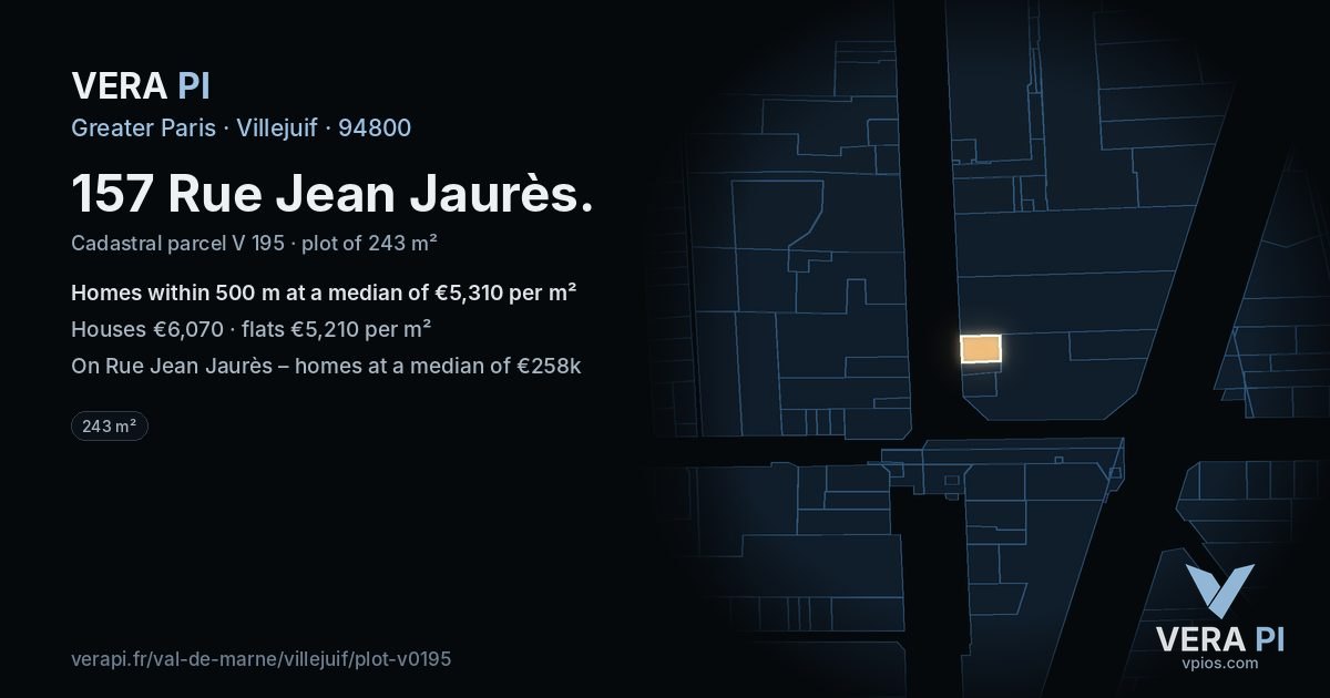 157 Rue Jean Jaurès, Villejuif at night – the plot lit, the parcels around coloured by the prices near them