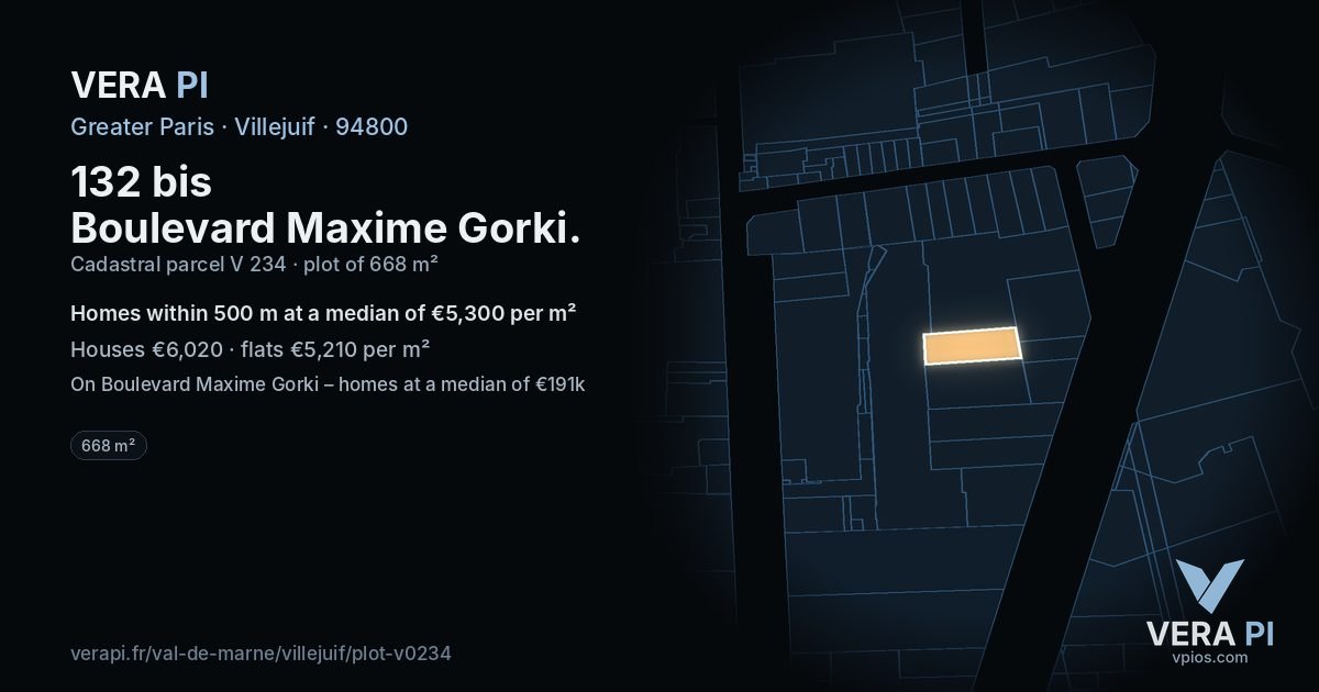 132 bis Boulevard Maxime Gorki, Villejuif at night – the plot lit, the parcels around coloured by the prices near them