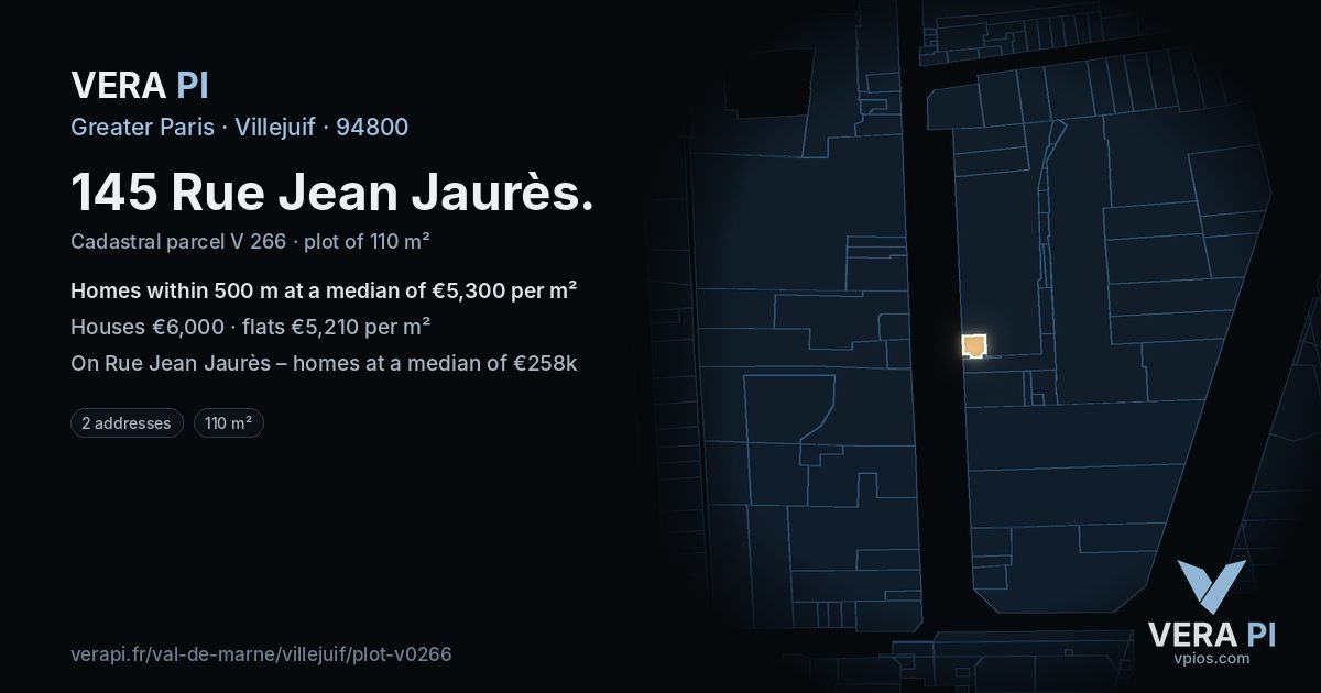 145 Rue Jean Jaurès, Villejuif at night – the plot lit, the parcels around coloured by the prices near them