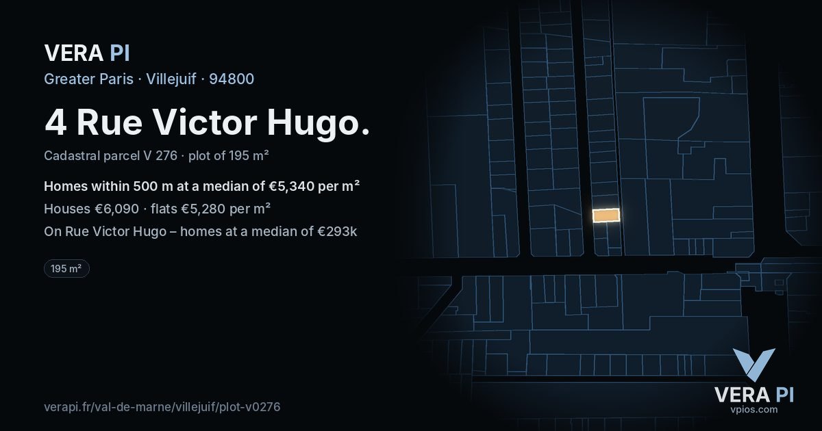 4 Rue Victor Hugo, Villejuif at night – the plot lit, the parcels around coloured by the prices near them