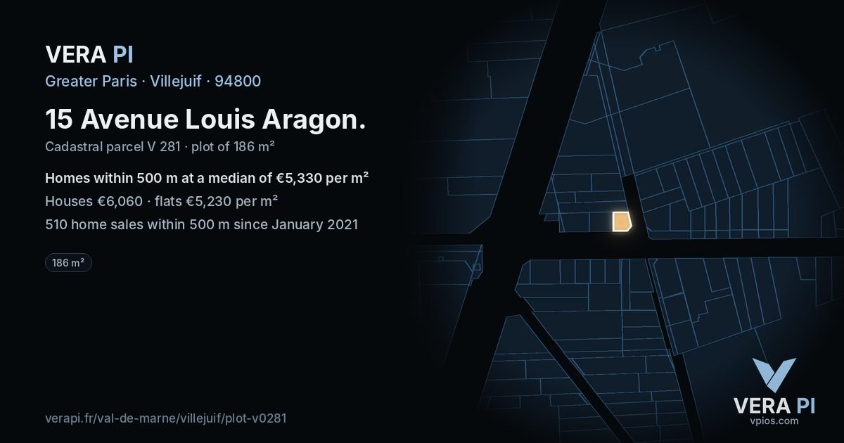 15 Avenue Louis Aragon, Villejuif at night – the plot lit, the parcels around coloured by the prices near them