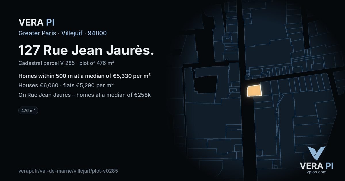 127 Rue Jean Jaurès, Villejuif at night – the plot lit, the parcels around coloured by the prices near them