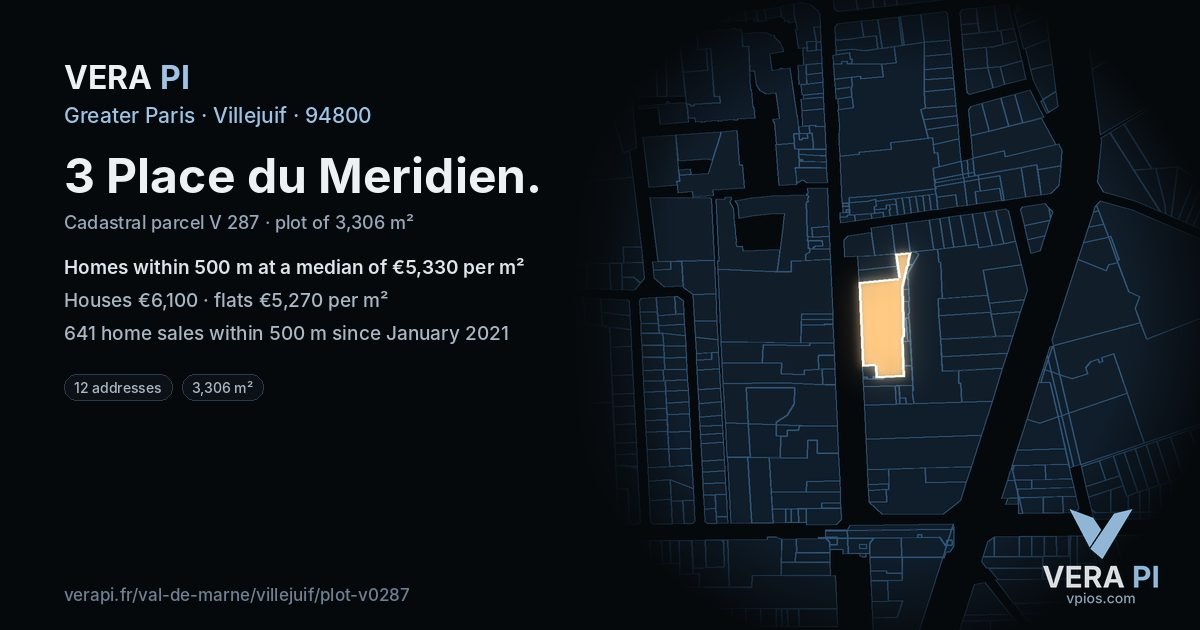 3 Place du Meridien, Villejuif at night – the plot lit, the parcels around coloured by the prices near them