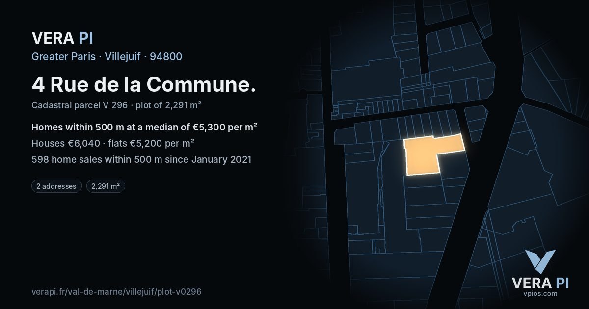 4 Rue de la Commune, Villejuif at night – the plot lit, the parcels around coloured by the prices near them