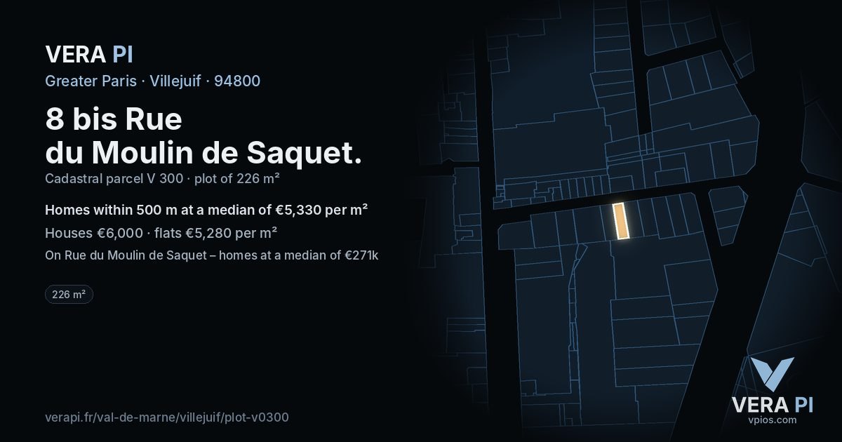 8 bis Rue du Moulin de Saquet, Villejuif at night – the plot lit, the parcels around coloured by the prices near them