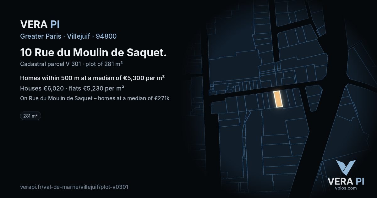 10 Rue du Moulin de Saquet, Villejuif at night – the plot lit, the parcels around coloured by the prices near them